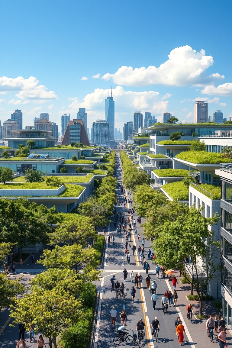 Futuristic cityscape with green roofs, bike lanes, and solar panels