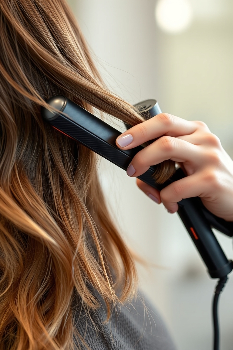 Illustration of hairdresser applying heat spray to damp hair, showing heat protectant benefits.