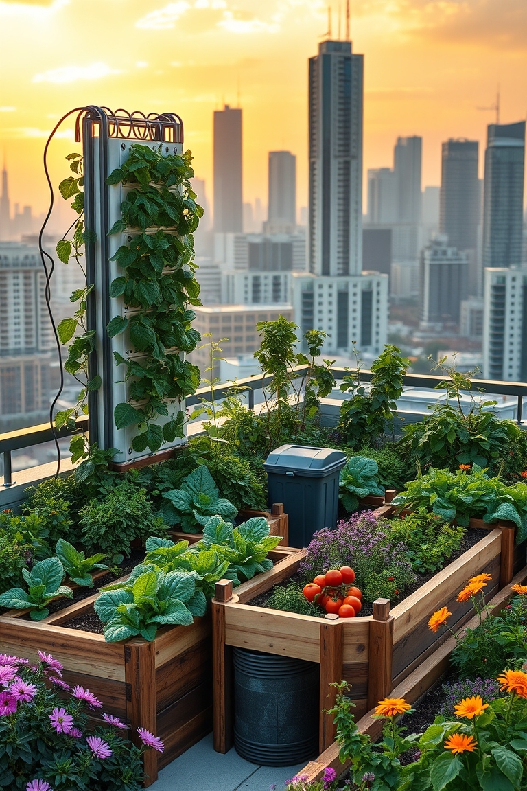 A lush, sustainable rooftop garden featuring vertical farming and organic vegetables against a city skyline.