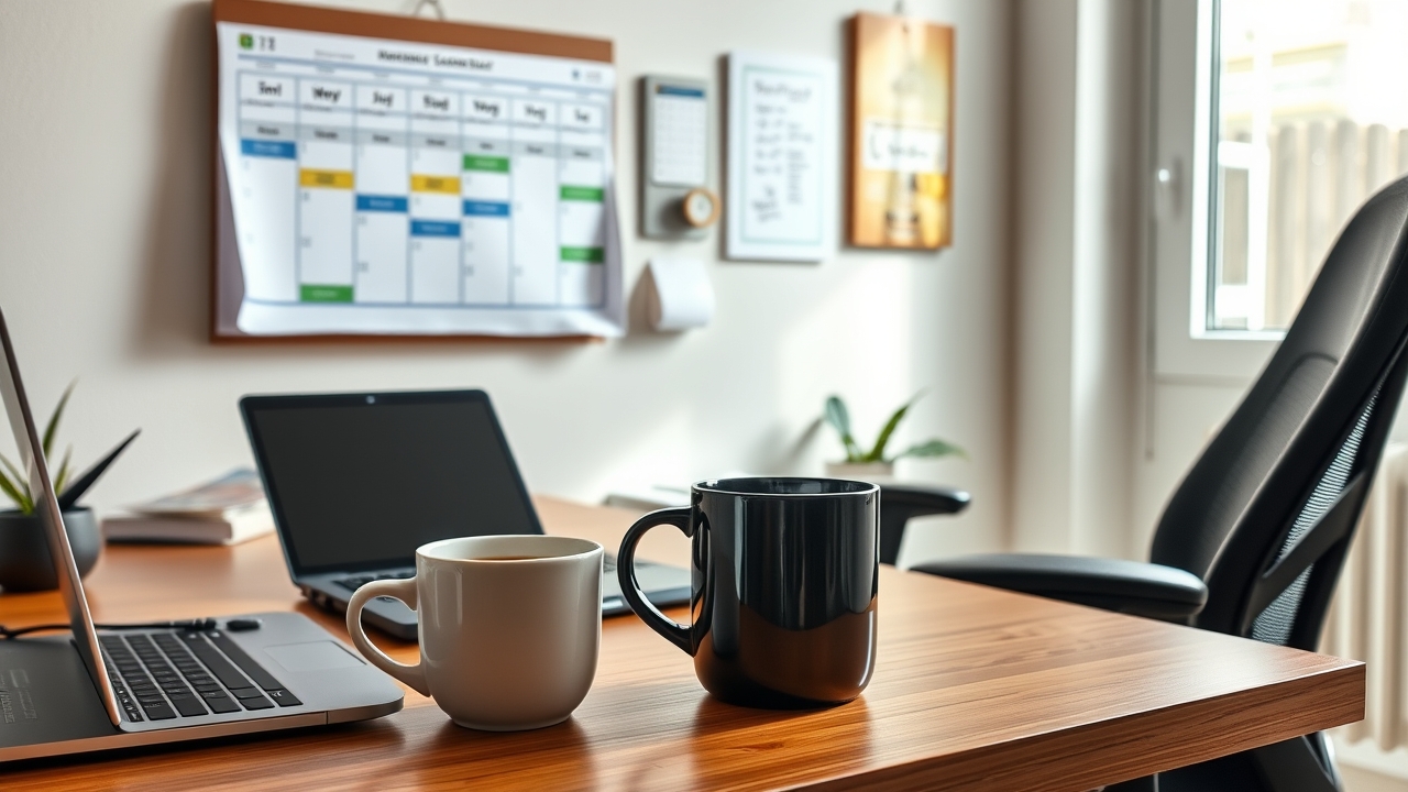 Home office setup with laptop and coffee mug