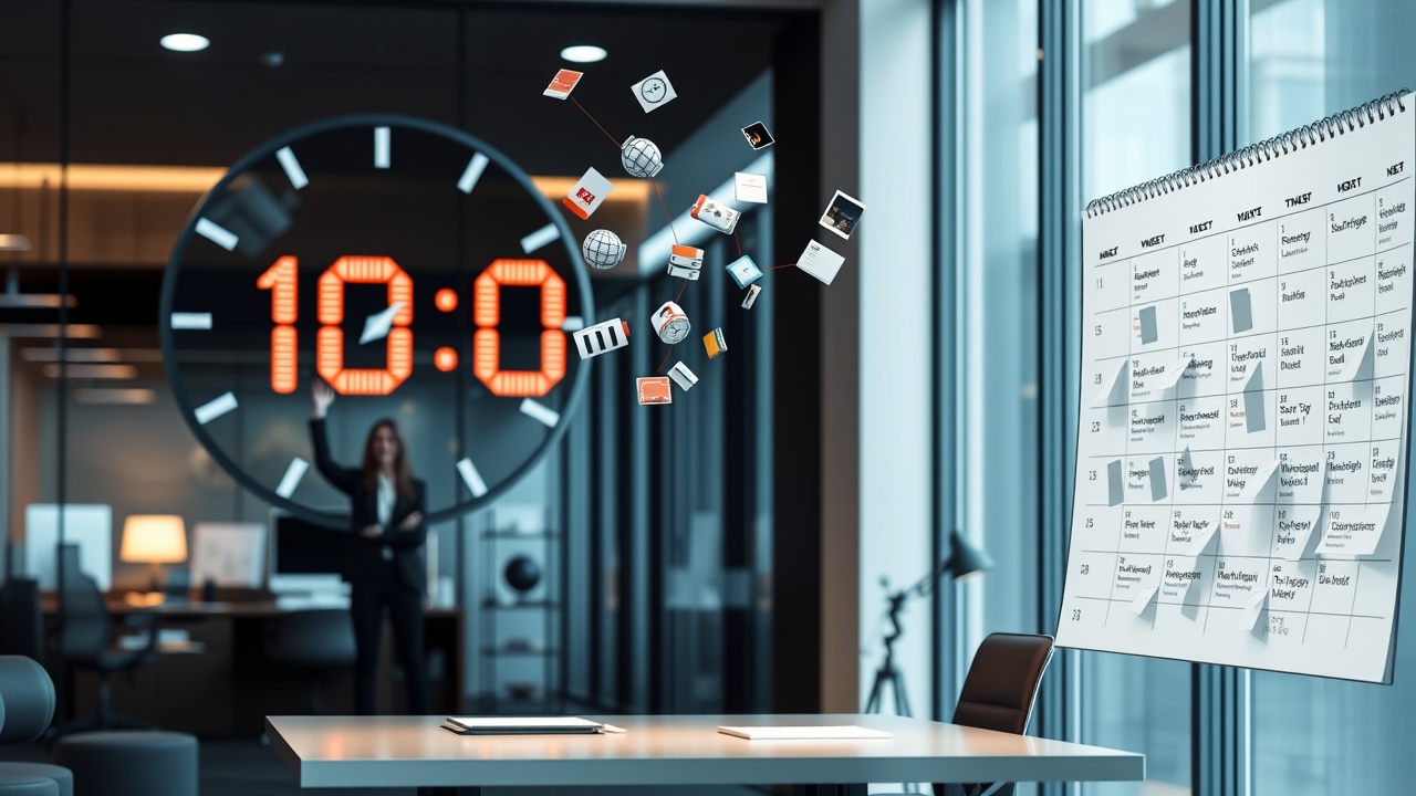 Professional juggling tasks with a digital clock and calendar