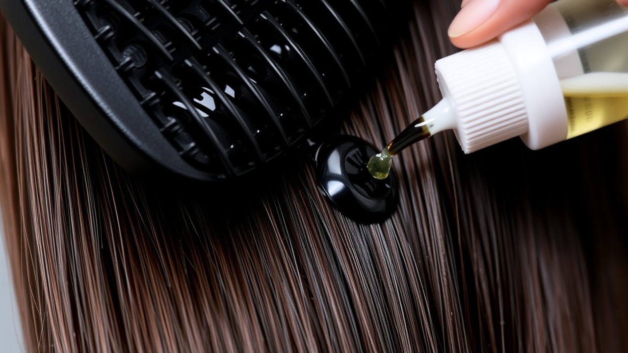 Applying shine serum for glossy straight hair