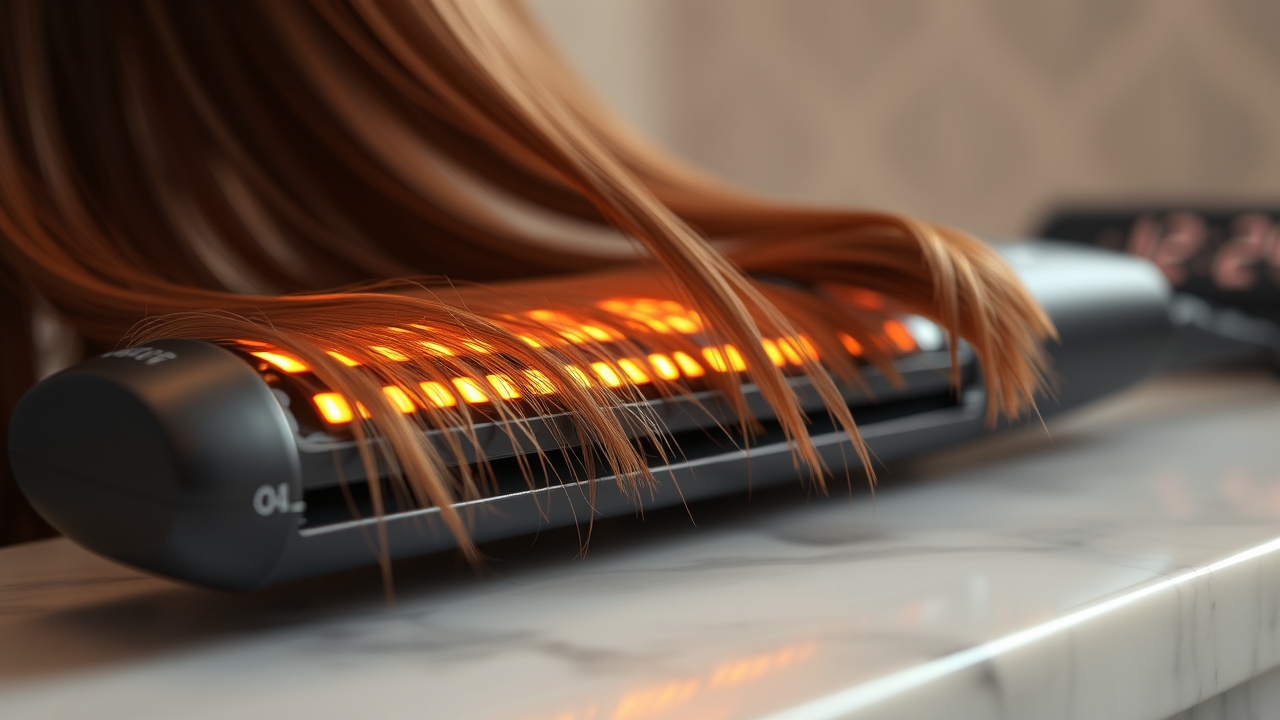 Flat iron tips while styling a section of hair.