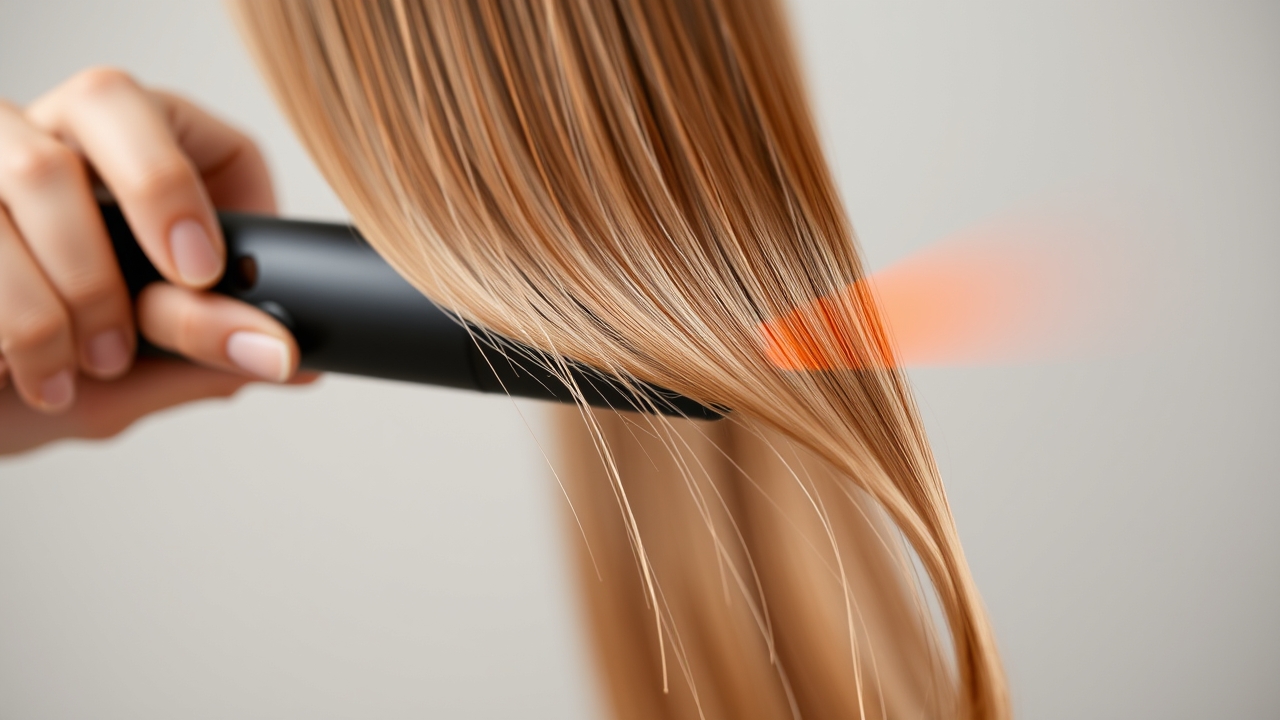 Quick straightening step showing a hair section in a flat iron