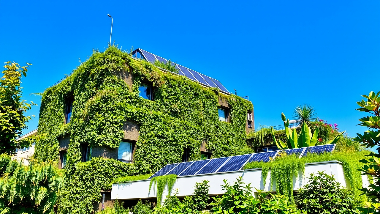 Modern sustainable building with green roof and solar panels